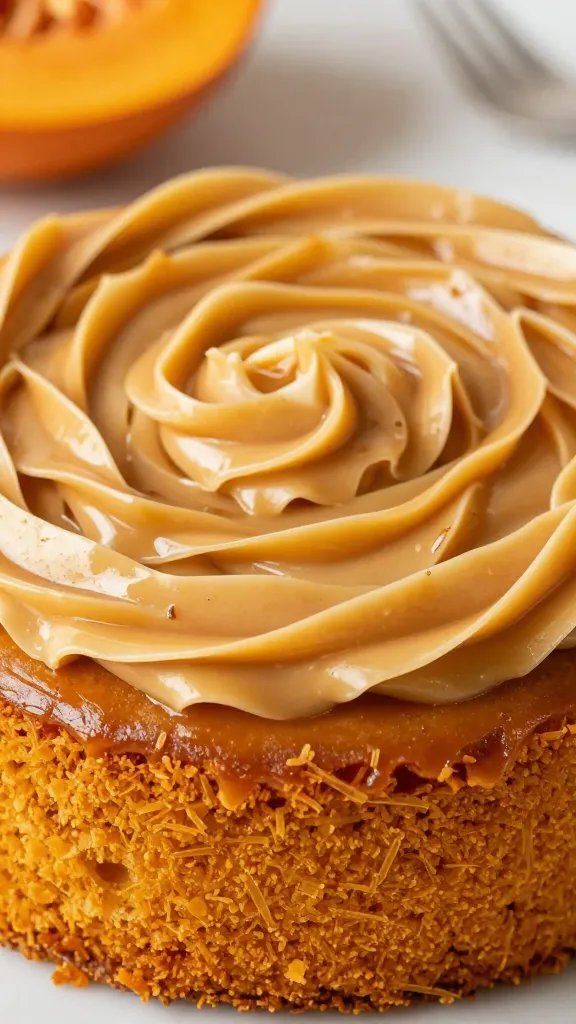 Caramel swirl atop pumpkin sheet cake closeup