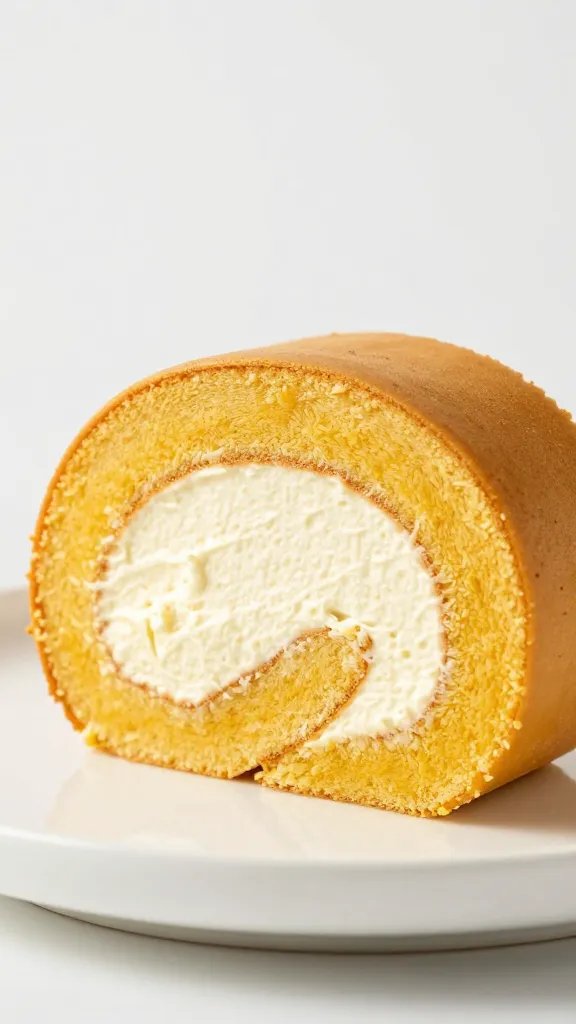 closeup of pumpkin cake roll slice with cream cheese filling on white plate