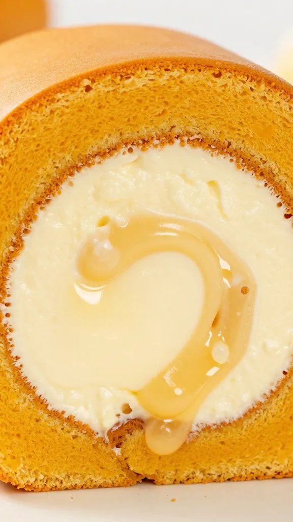 macro shot of glossy cream cheese filling swirl inside pumpkin cake roll