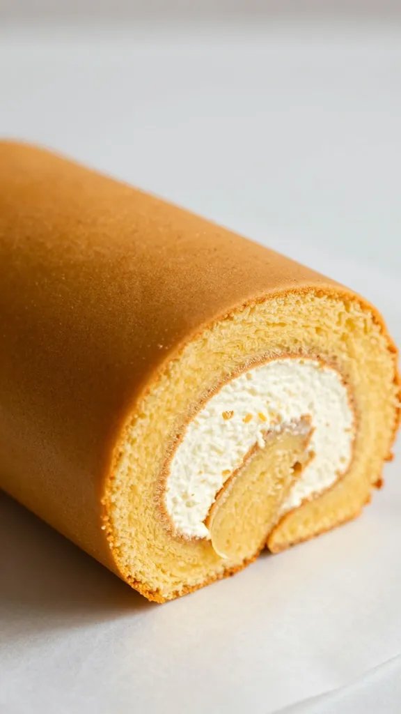 side angle closeup of a single pumpkin cake roll slice on parchment with soft natural light