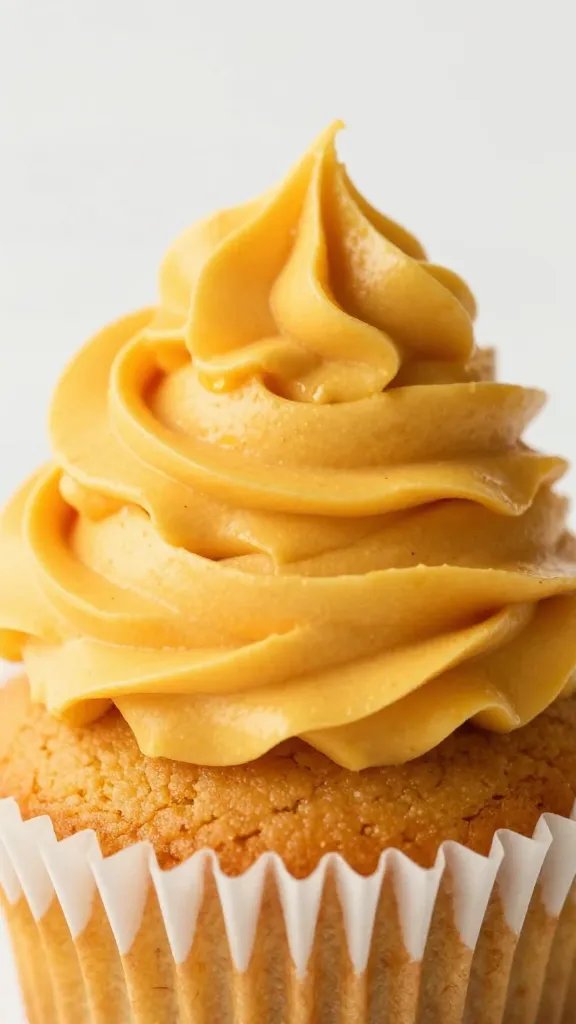closeup pumpkin cupcake topped with frosting swirl