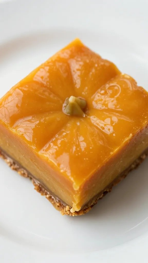 closeup of a single pumpkin dessert bar on a white plate, glossy fill gleaming