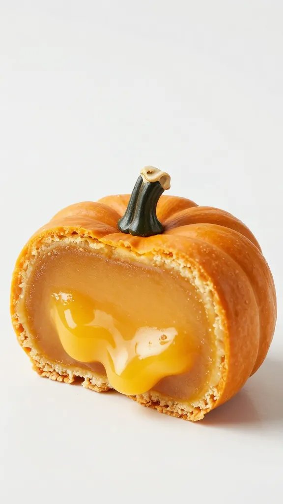 single pumpkin dessert bar cut in half, showing chewy crust and silky filling