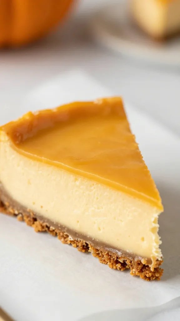 closeup of pumpkin cheesecake bar slice on parchment paper