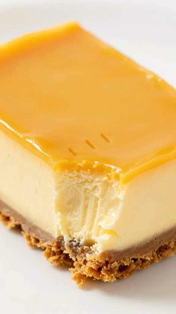 closeup of glossy pumpkin cheesecake bar bite with fork imprint