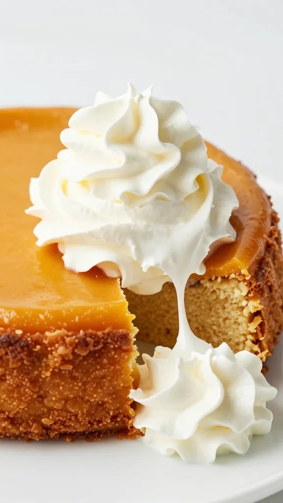 toppled scoop of whipped cream on pumpkin dump cake edge