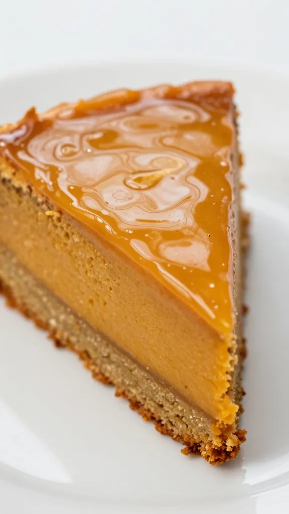 closeup of pumpkin spice cake slice on plate, glossy glaze catchlight
