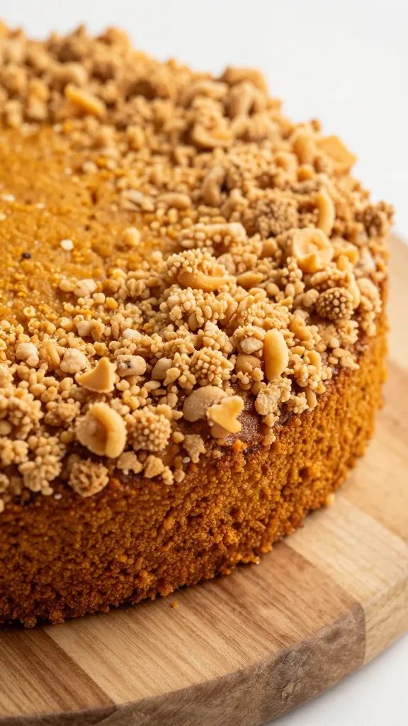 closeup of textured pumpkin crumb cake on rustic wooden board