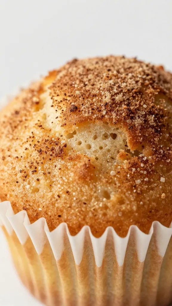 closeup of single cupcake with cinnamon-sugar topping, soft crumb visible