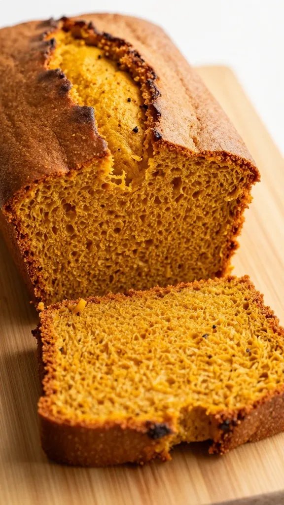 closeup of pumpkin bread loaf slice on cutting board
