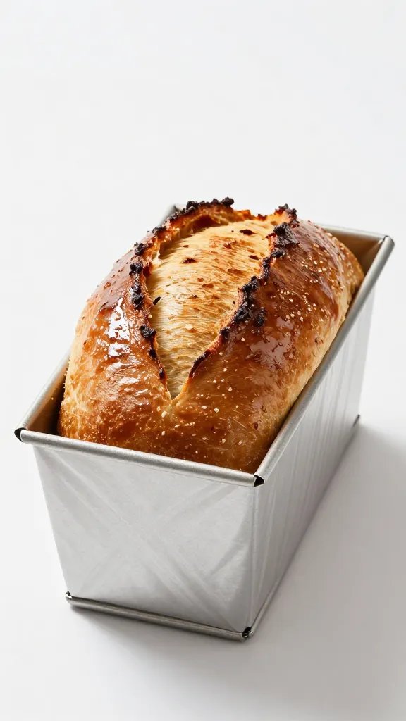 single loaf inside paper-lined baking tin, glossy crust