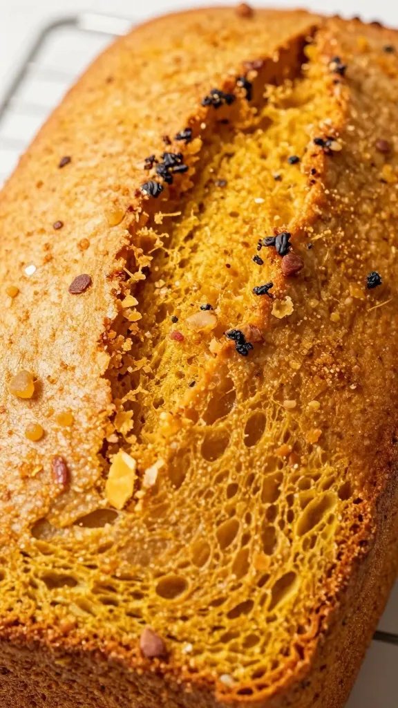 closeup of crumb detail in a warm pumpkin bread cut-open slice