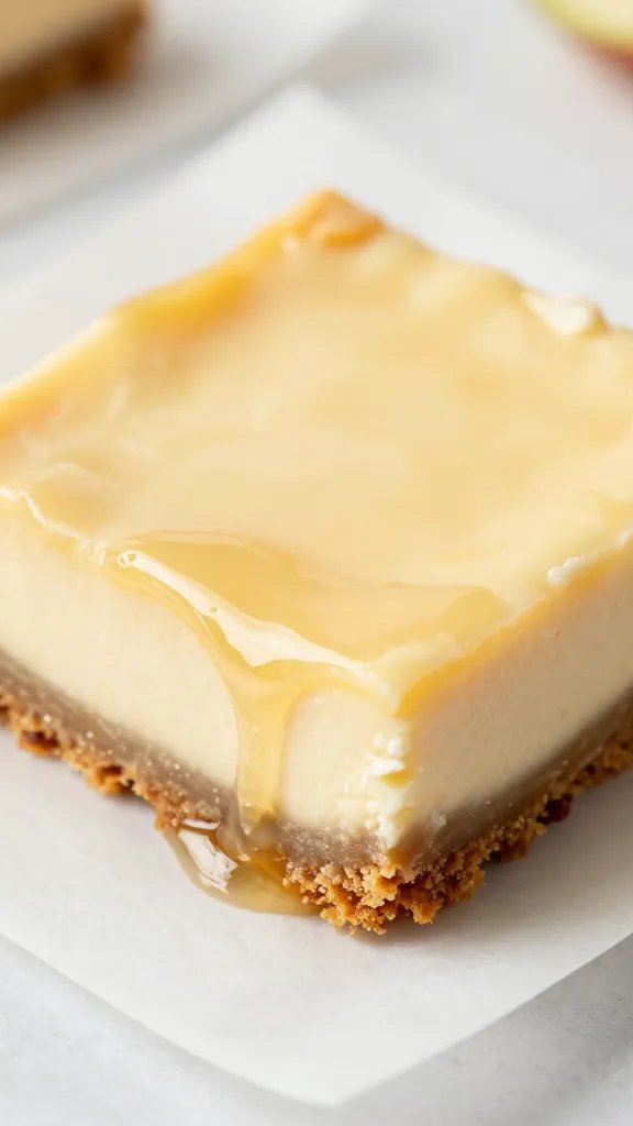 closeup of an apple cheesecake bar on parchment paper, glossy filling