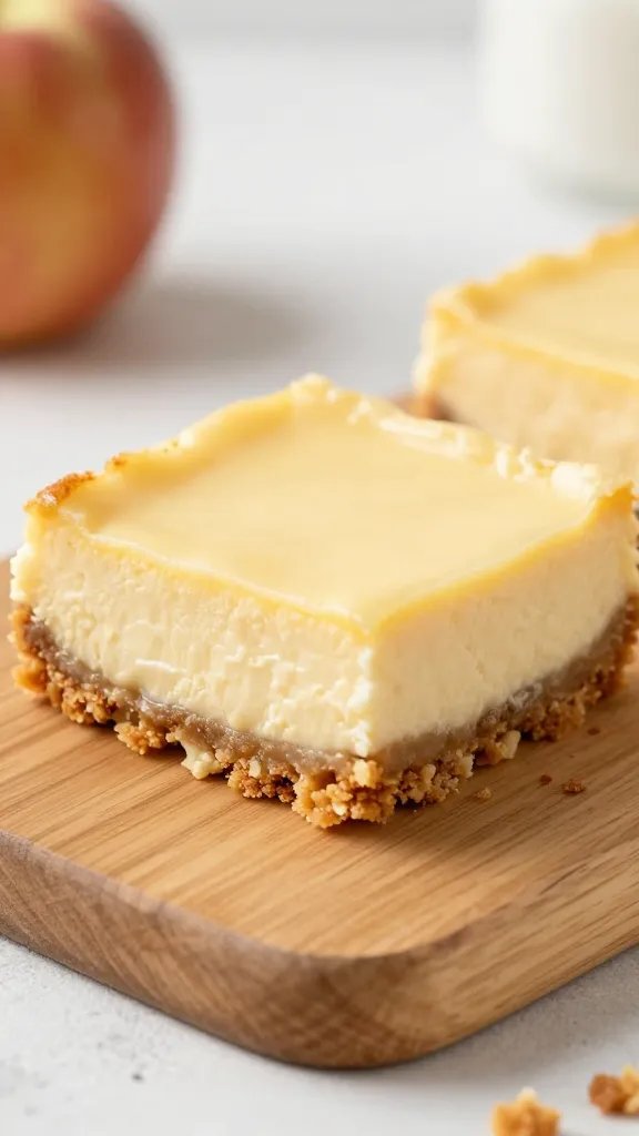 single apple cheesecake bar cut square on wooden board, crumbly crust