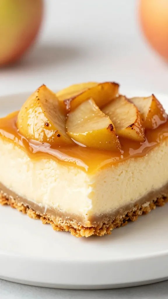 single apple cheesecake bar with caramelized apple topping, shallow depth of field