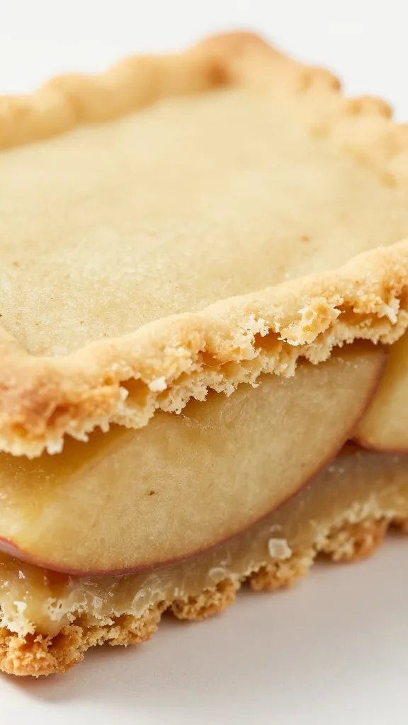 closeup of crisp cookie crust with apple layer, knife edge reveal