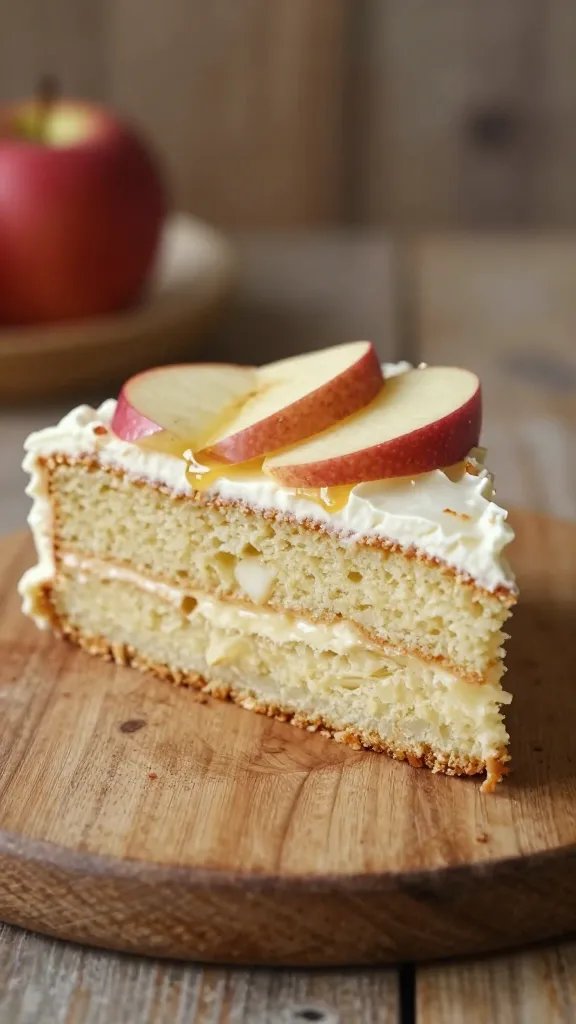closeup of apple sheet cake slice on rustic wooden board