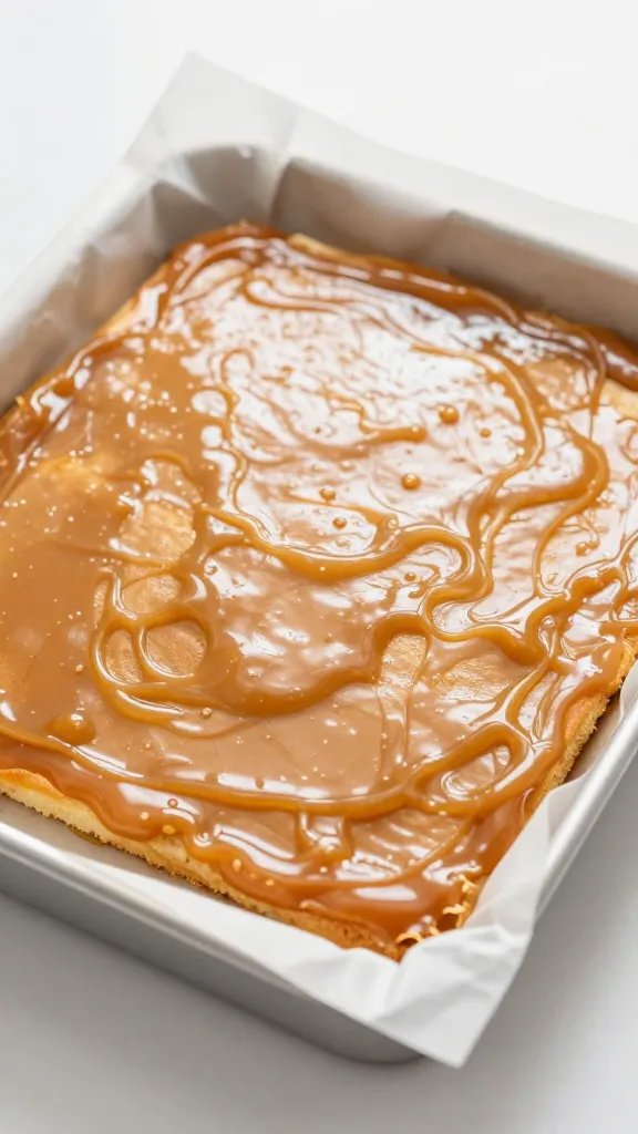 single cake sheet with caramel glisten on parchment