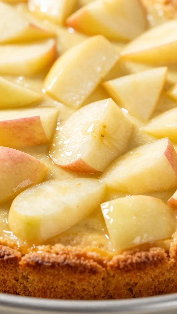 closeup of glossy apple chunks atop moist cake edge, skillet view