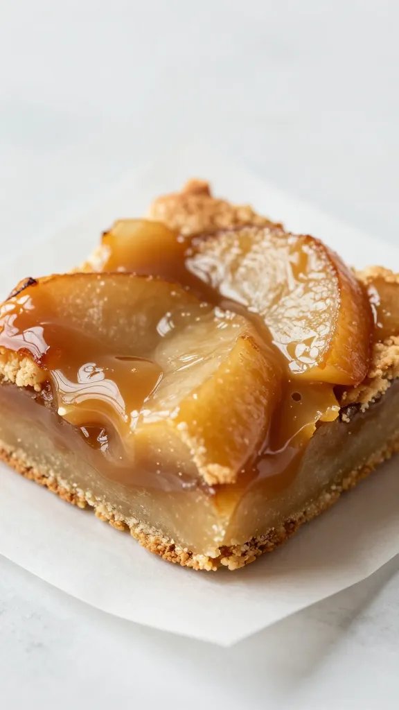 closeup of a single apple pie bar on parchment, glossy caramelized apple filling