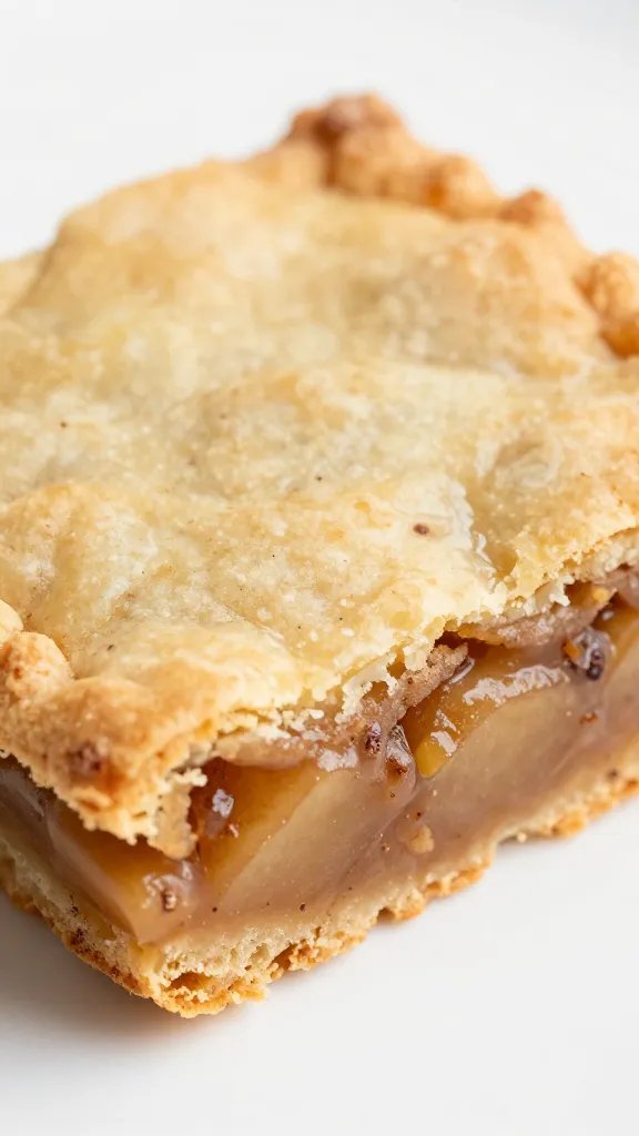 closeup of a single tray-cut apple pie bar with visible cinnamon-speckled filling, crusty corner