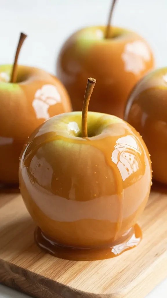 closeup of caramel apple on wooden board, glossy caramel coating