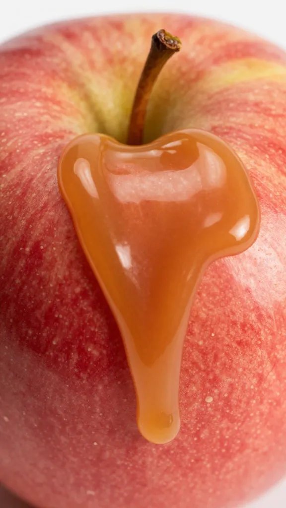macro shot of Granny Smith apple with caramel swirl, vivid red skin