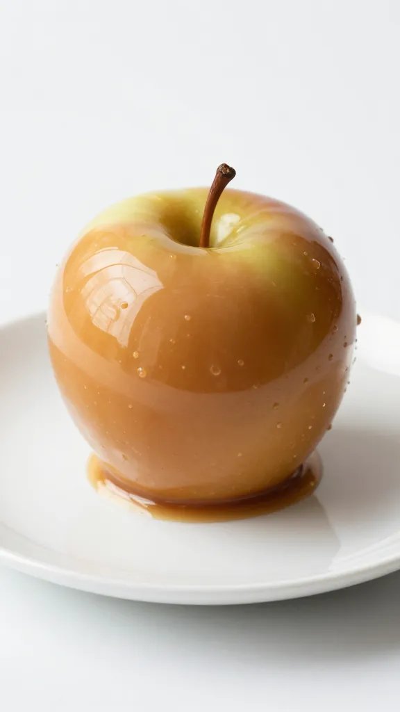 single caramel-glazed apple on white plate, shallow depth of field