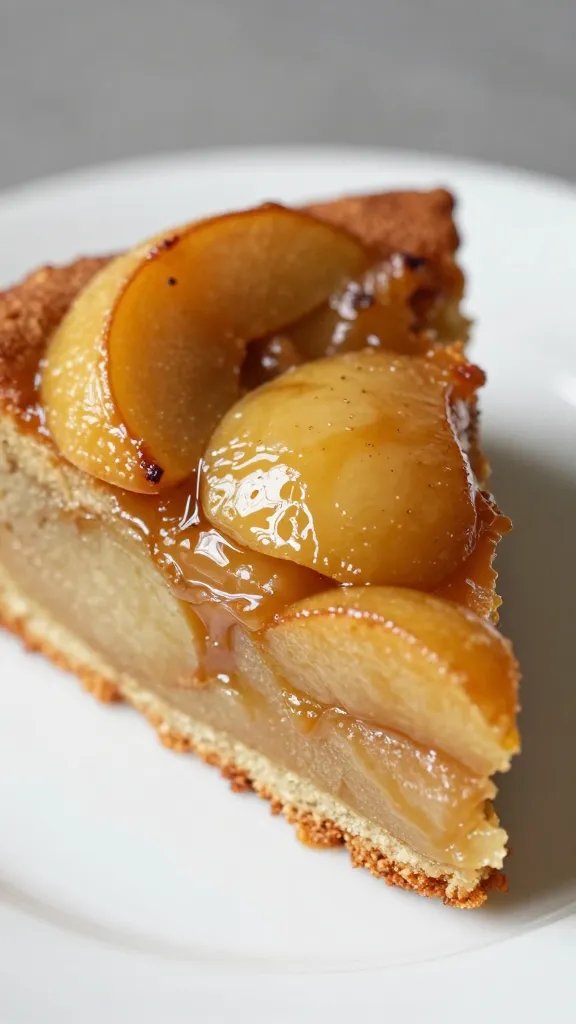closeup of apple cinnamon cake slice on plate, glossy caramelized apples