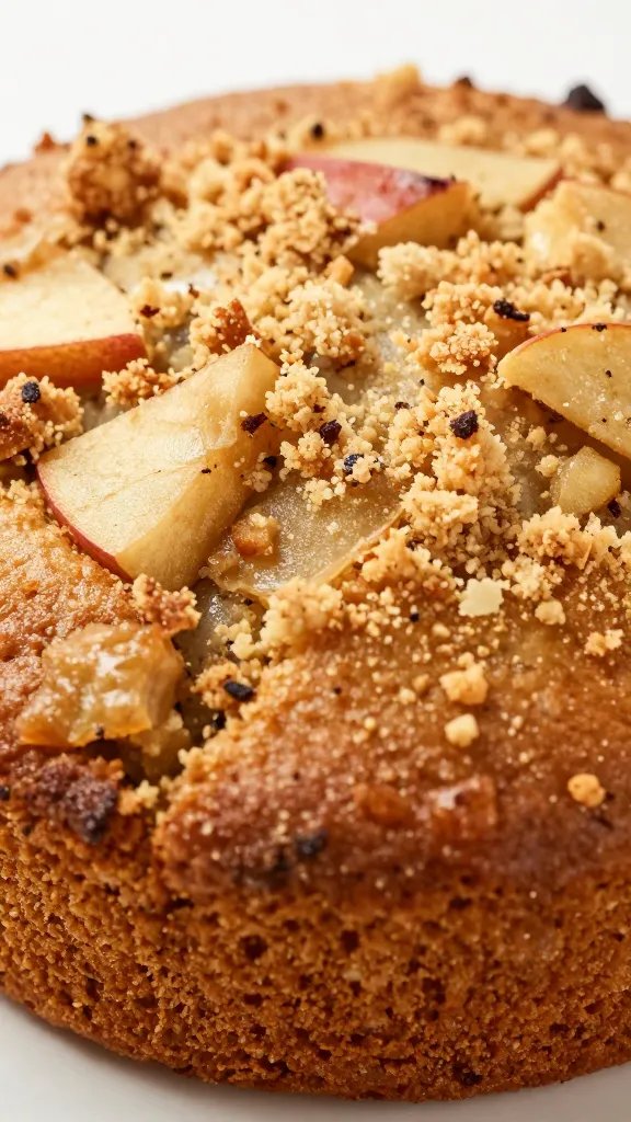 single apple cinnamon cake crumb closeup, moist texture and apple chunks