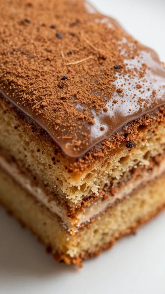 macro shot of sliced cake edge, cinnamon dust, shiny glaze on top