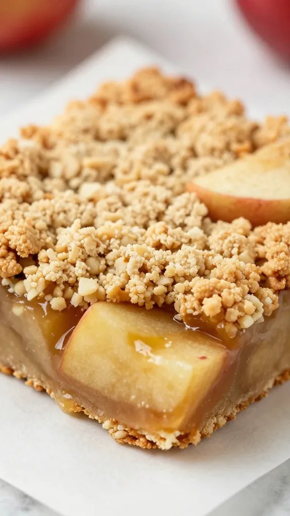 closeup apple crumble bar on parchment, Focus on juicy apple filling