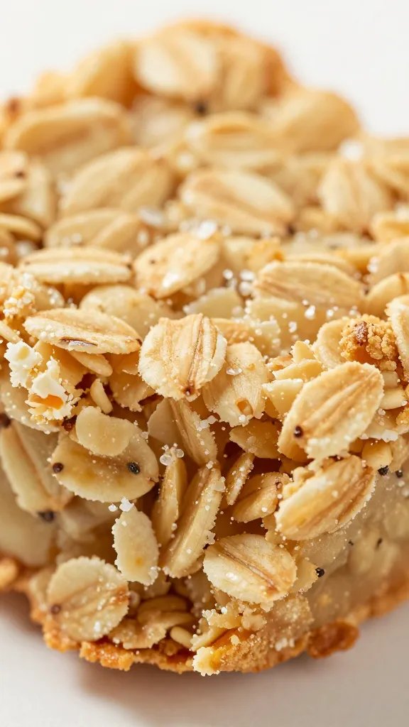 single flaky oat crust bar mid-bite, close-up texture detail