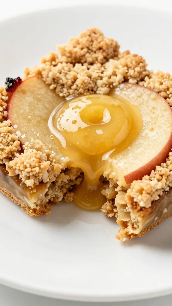half-einished crumble bar on white plate, glossy apple center closeup