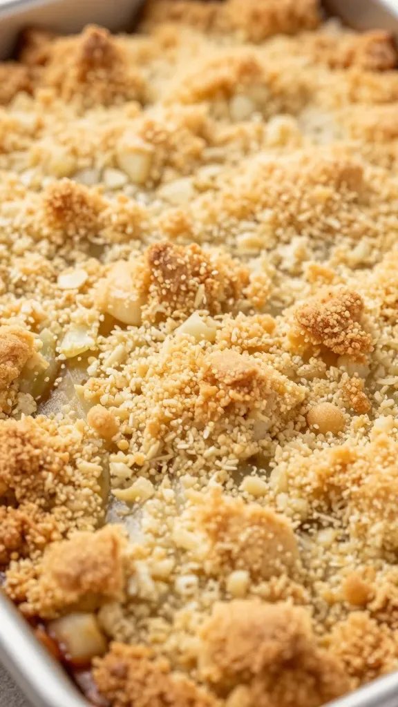 closeup of golden apple crisp topping on baked dish