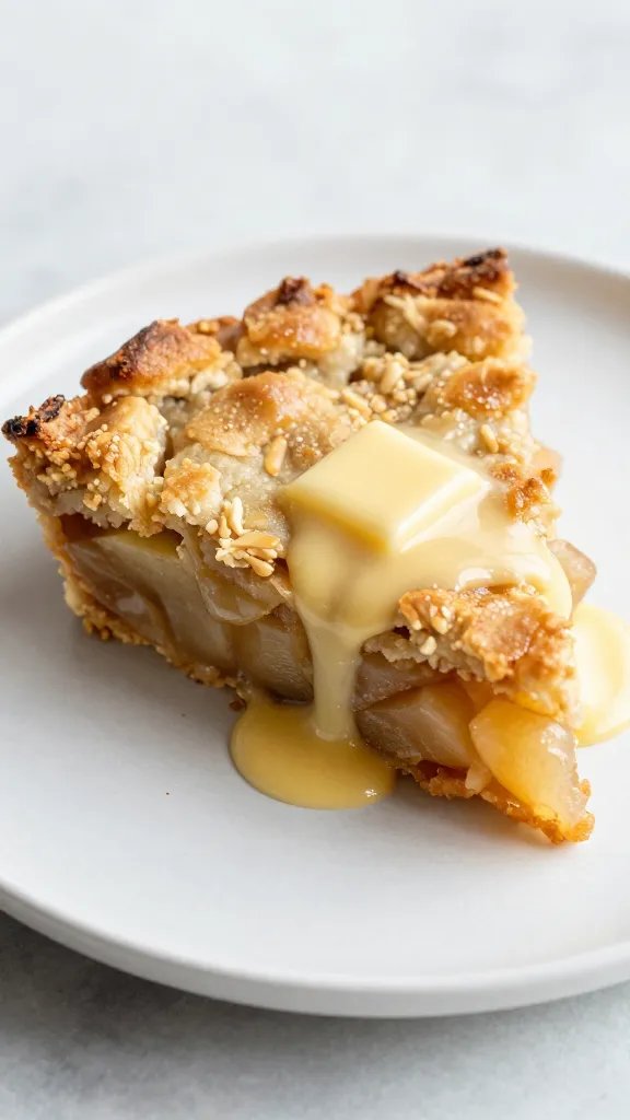 juicy slice of warm apple crisp, melted butter drizzle