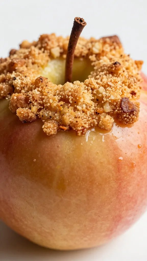 single cinnamon-spiced apple with crumbly topping, macro shot