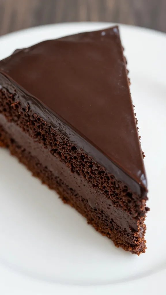 closeup of a single, glossy slice of chocolate cake on a white plate