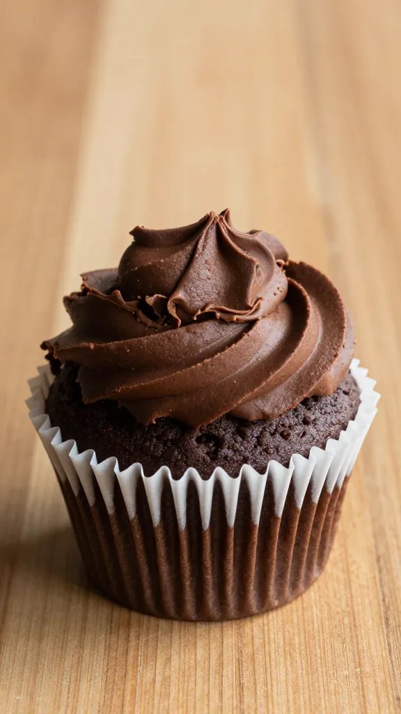 single fudgy chocolate cupcake with crinkled top on wooden table