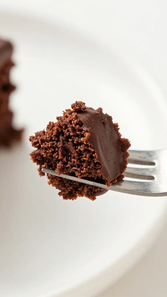 closeup of a single chocolate cake crumb on a fork with plate edge visible