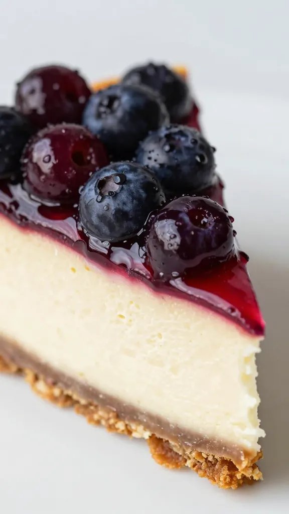 closeup of no-bake cheesecake slice with glossy berry topping