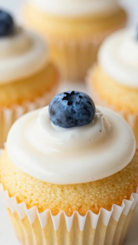 closeup of lemon cake mix cupcake with blueberry speckled glaze