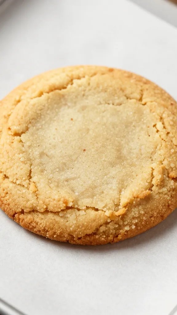 closeup of a single chewy cookie on parchment, golden edges