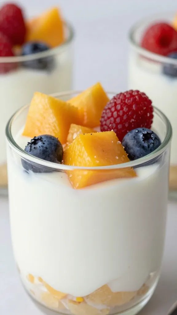 closeup of yogurt parfait layered jar with fruit topping