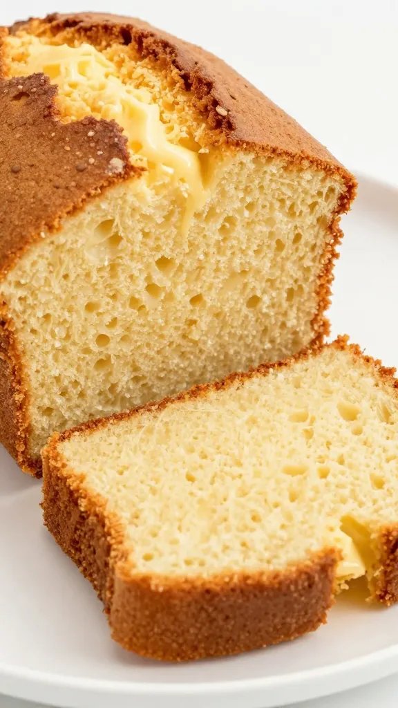 closeup of a sliced, butter-rich pound cake on a white plate
