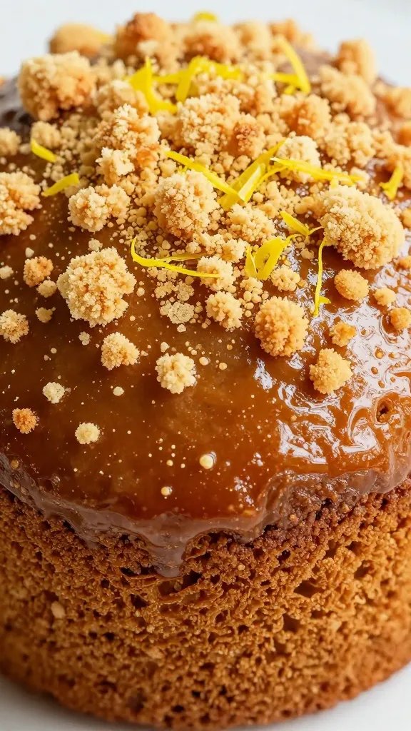 closeup of a glossy pound cake crumb with lemon zest dusting