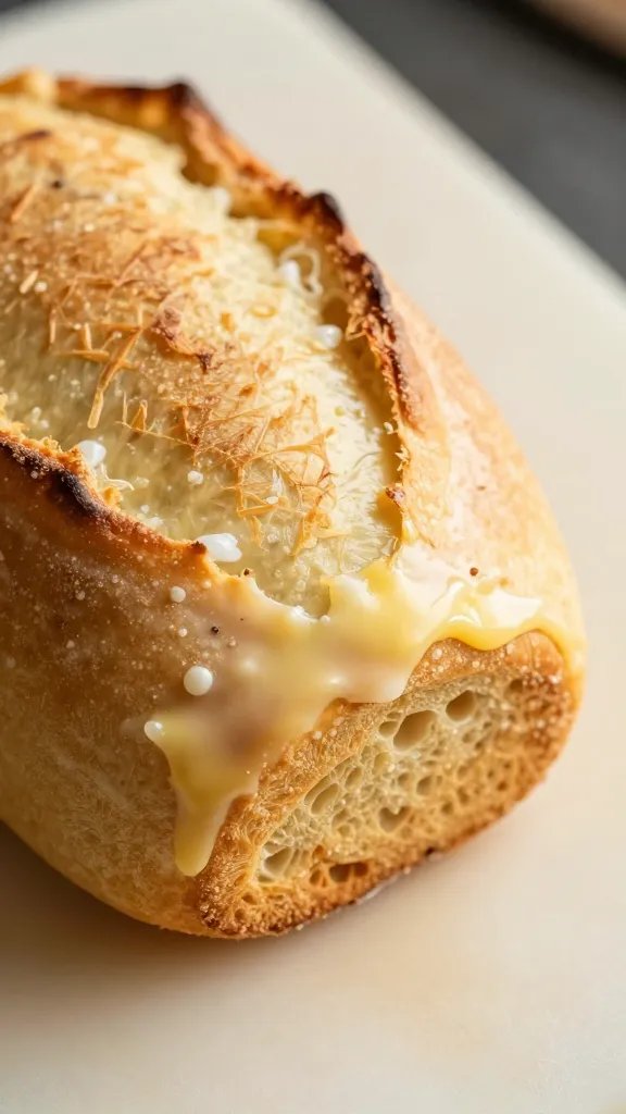 closeup of a single warm loaf edge with melted butter glaze on a cutting board