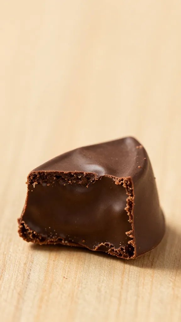 closeup of fudgy chocolate cookie bite on wooden surface