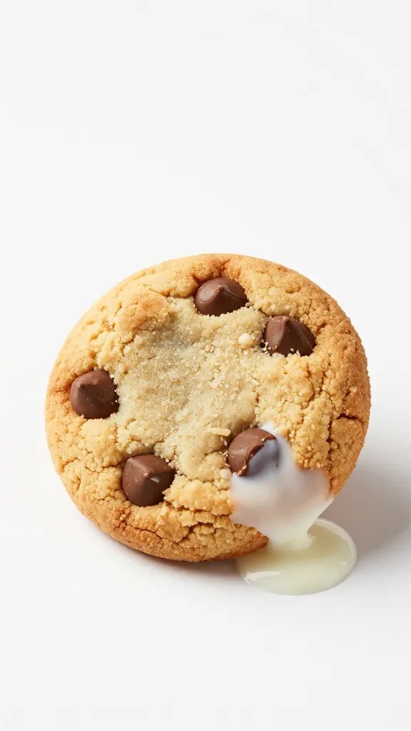 single chocolate chip cookie half-dipped in milk