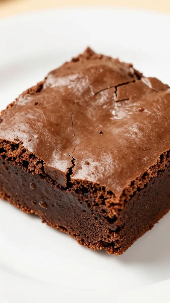 closeup of fudgy brownie crack, glossy surface, single square on white plate